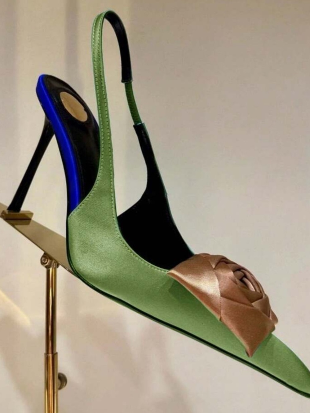 Green Satin Pointed Toe Heels with Brown Rosette - Picture 2 of 9